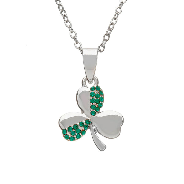 Silver Plate Shamrock Pendant with Green CZ Stones by Woods Celtic Jewelry