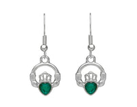 Claddagh Silver Plated Drop Earrings with Green Stone Accent by Woods Celtic Jewllery