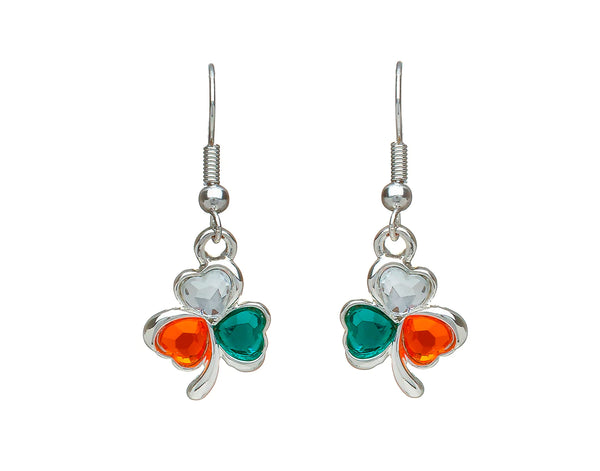 Shamrock Silver Plated Drop Earrings with Tricolour Glass Stones by Woods Celtic Jewllery