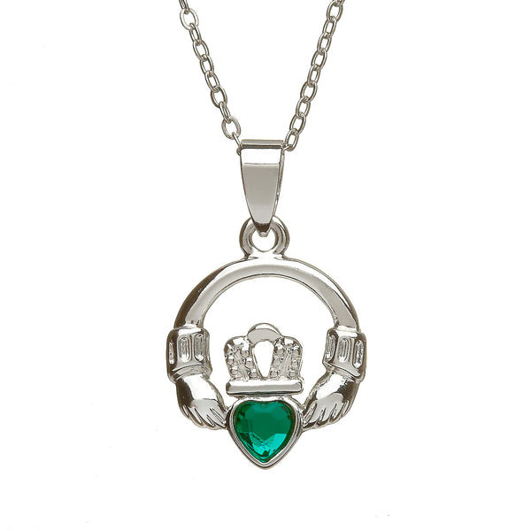 Silver Plate Claddagh Pendant with Green Stone by Woods Celtic Jewellery
