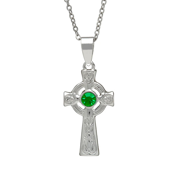 Silver Plate Celtic Cross Green Stone Pendant by Woods Celtic Jewellery