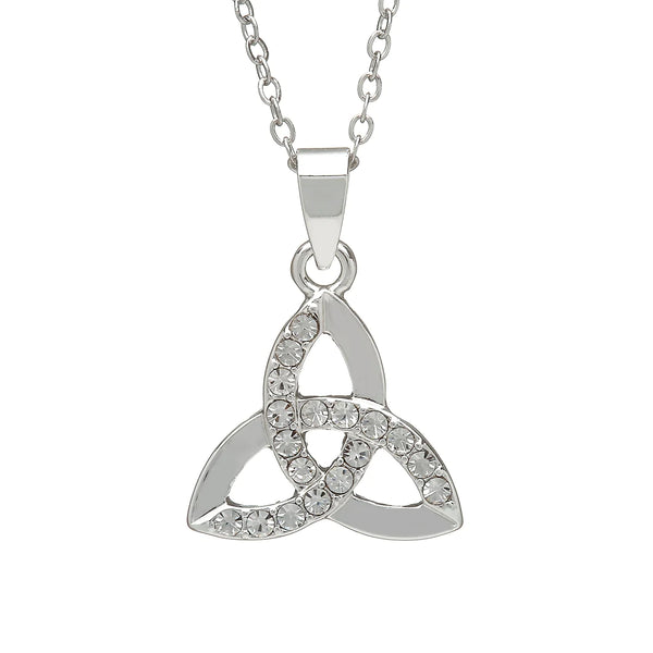 Silver Plate Trinity Knot Pendant with Clear Stones by Woods Celtic Jewellery