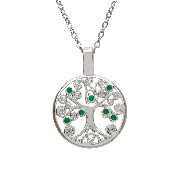 Silver Plate Tree of Life Pendant with Green Stones by Woods Celtic Jewellery