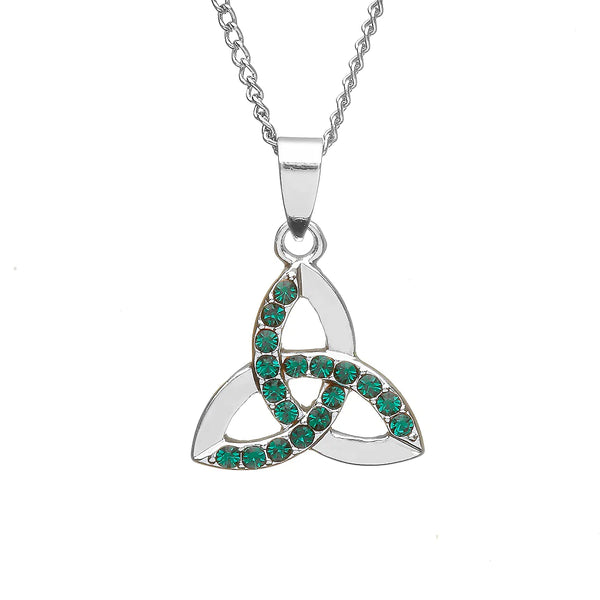 Silver Plate Trinity Knot Pendant with 18 Green Stones by Woods Celtic Jewellery